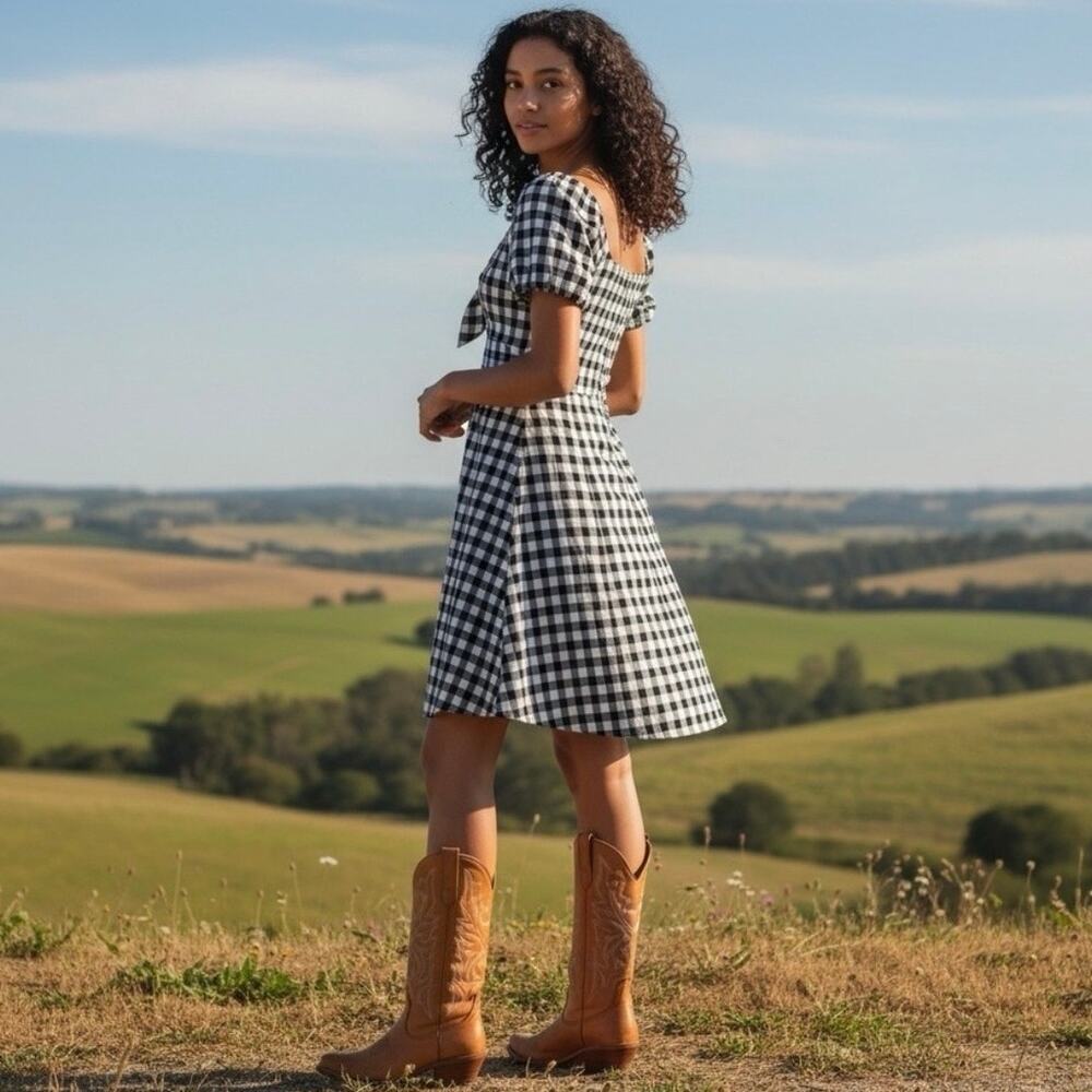 Whimsy Madewell Gingham Tie Front Swing Dress Navy Blue White Size 6 Tomato Girl
